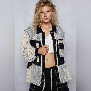 POL Mixed Lace & Knit Patchwork Jacket in Black and Cream